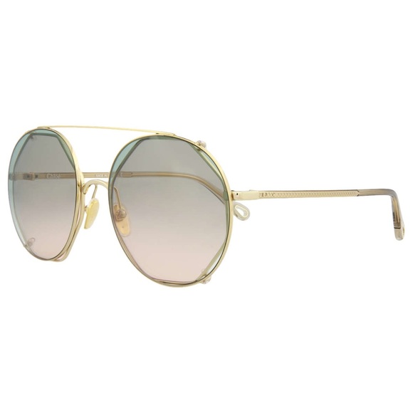CHLOE GOLD HAVANA GREEN MIRRORED GRADIENT ROUND AVIATOR SUNGLASSES CH0041S - Picture 4 of 6
